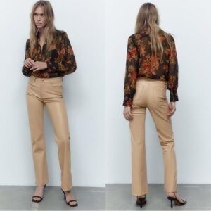 NWT Zara Straight Leg Faux Leather Pants Beige